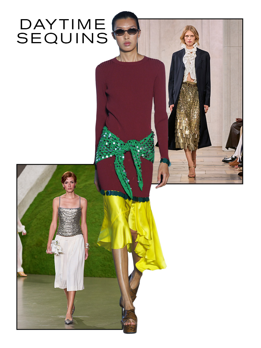 New York Fashion Week spring/summer 2027 runway models wearing daytime sequins.