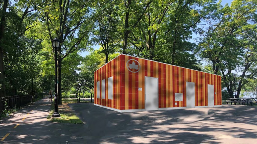 A rendering shows a proposed modular bathroom for Fort Washington Park Discovery Playground, which has been stalled by a series of bureaucratic hurdles since 2021.