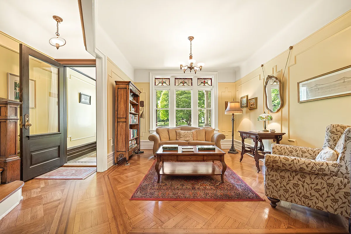 living room with wood floor, stained glass