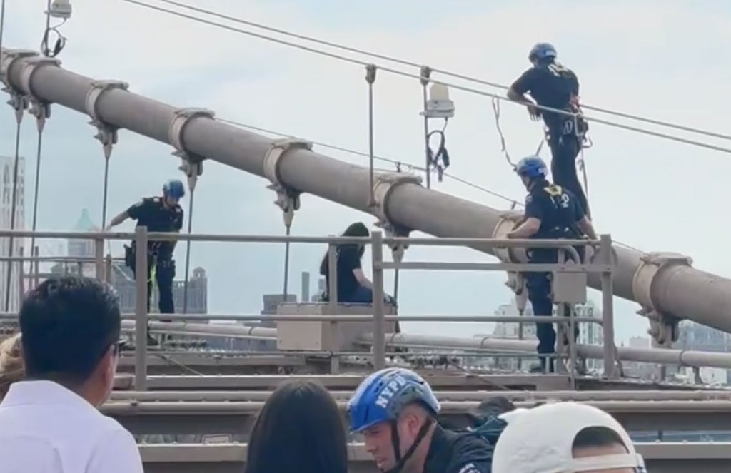 Police officers rescuing a woman from the Brooklyn Bridge.