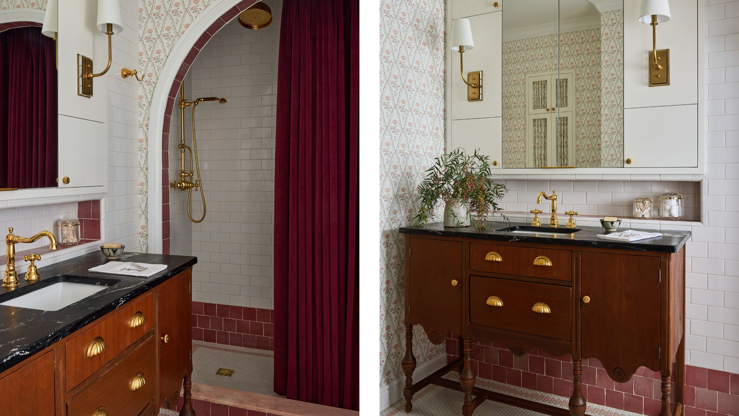 two side by side images of white and rose pink tiled bathroom with an arched walk-in shower and an antique vanity