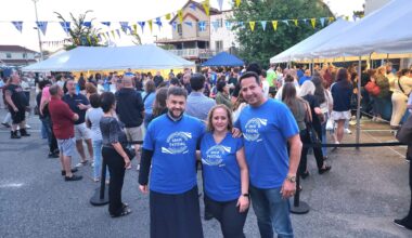 Fr. Vasileios Apostolidis with the president of the Parish Council, Spyro Lazaretos, and the festival coordinator, Anneta Colon. (Photo: National Herald/Michael Kakias)