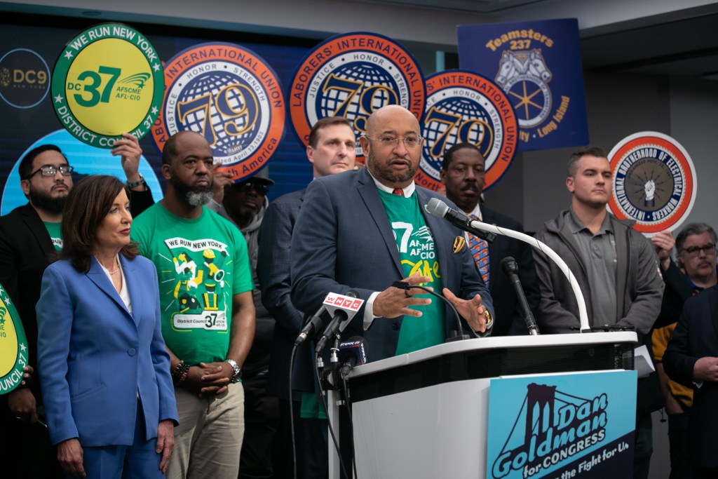 DC 37 Executive Director Henry Garrido speaks at their Lower Manhattan Headquarters during a campaign rally for Congressional Rep. Dan Goldman