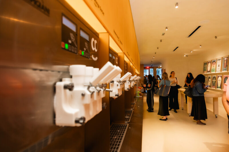A row of stainless steel soft-serve machines at Softville NYC in a bright shop with customers browsing along the wall.