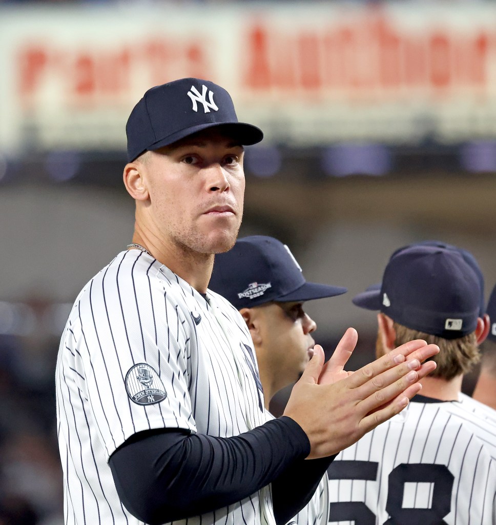New York Yankees' Aaron Judge is seen during lineup announcements before the start of the first inning of Game 3 of the ALDS.