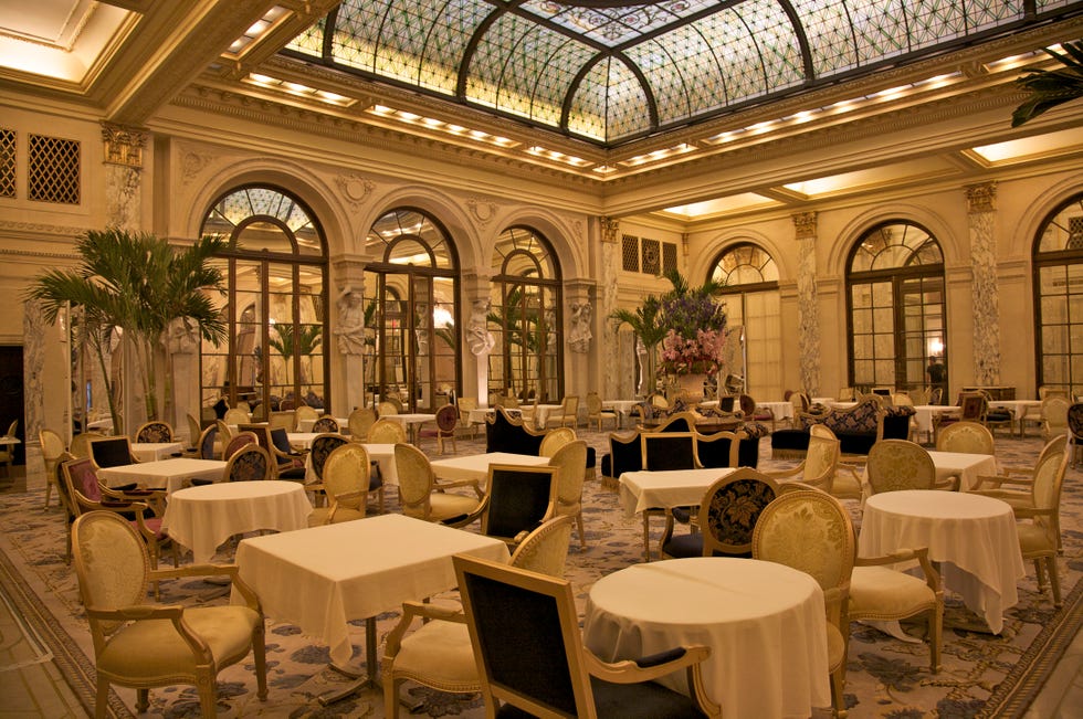 Palm Court, Neo-classical style with skylight, walls of Caen stone, marble pilasters and marble columns, at the Plaza Hotel, New York, NY