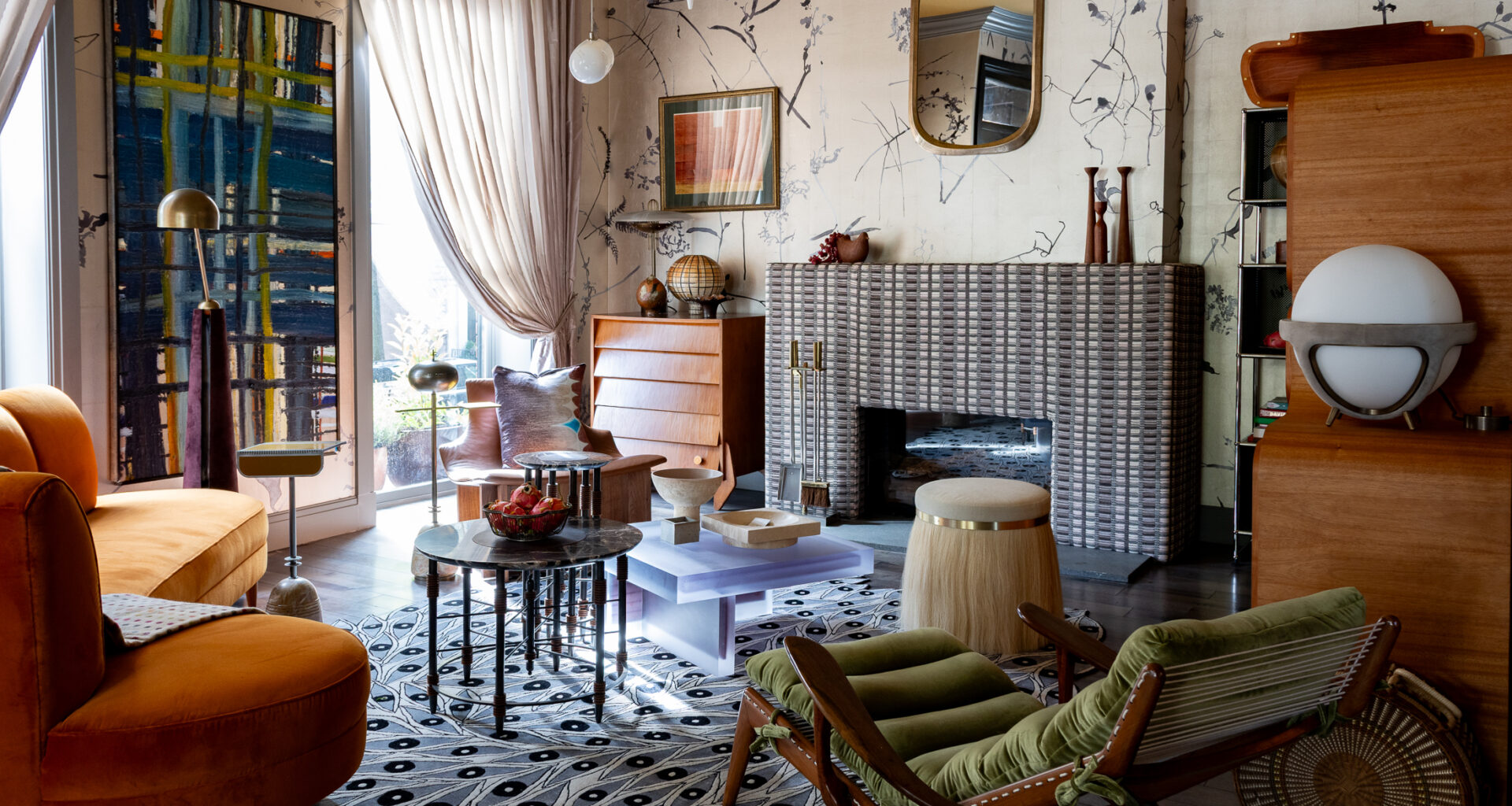 BROOKLYN HEIGHTS SHOWHOUSE PARLOR - parlor layered with color and pattern with an orange sofa