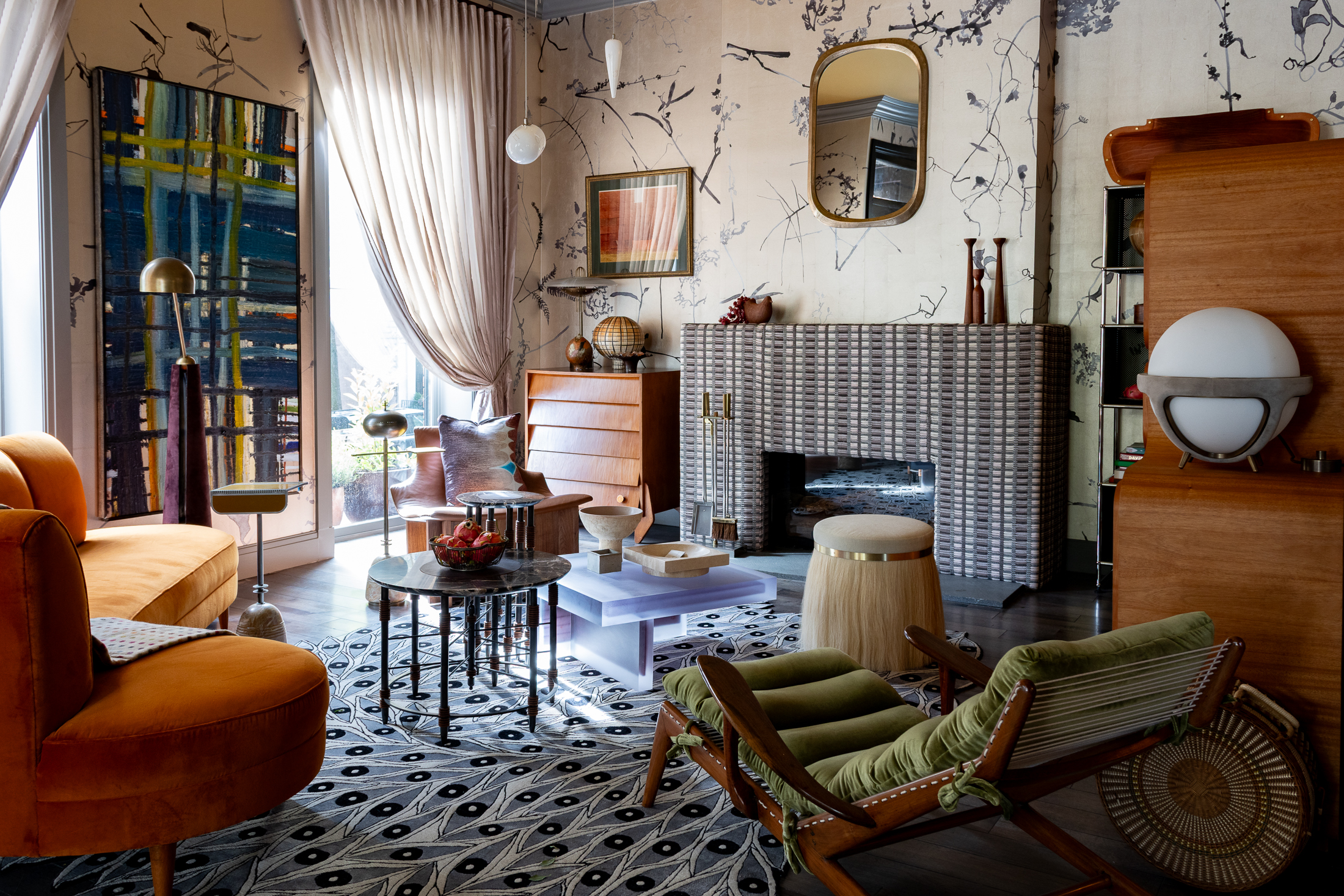 BROOKLYN HEIGHTS SHOWHOUSE PARLOR - parlor layered with color and pattern with an orange sofa