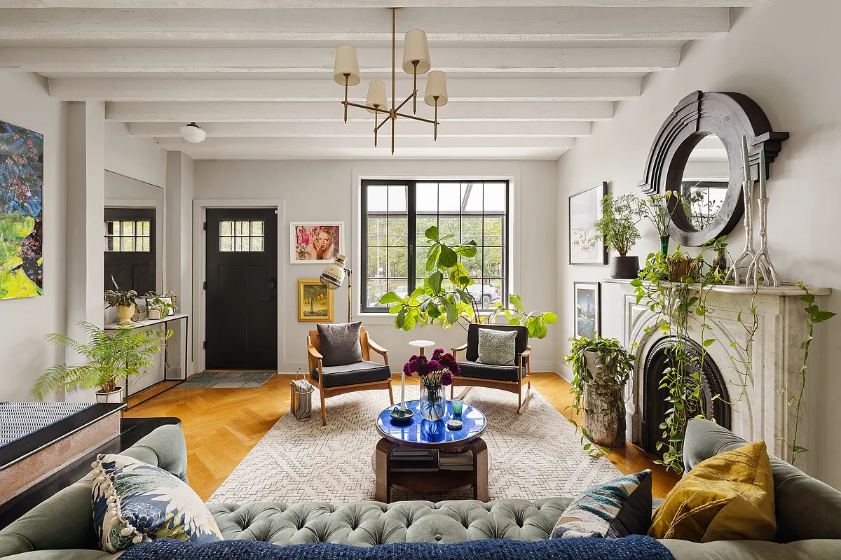 living room with marble mantel