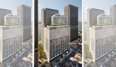 Triptych showing a modern high-rise complex with rooftop greenery, city streets below, and water in the background.