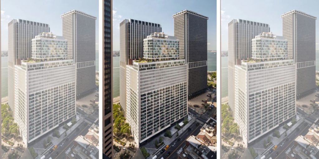 Triptych showing a modern high-rise complex with rooftop greenery, city streets below, and water in the background.