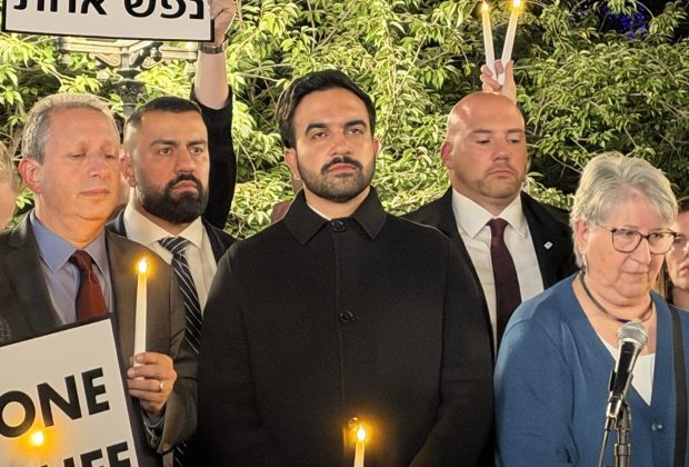 New York City Mayor Zohran Mamdani (center) and Comptroller Brad Lander (far left) attend a prayer vigil in which pro-Palestinian protesters and pro-Israel protesters faced-off in Manhattan's Union Square on Oct. 7, 2026, on the third anniversary of Hamas' October 7th attack in Israel. (Barry Williams / New York Daily News)