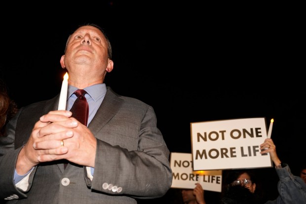 New York City Comptroller Brad Lander attends a prayer vigil in which pro-Palestinian protesters and pro-Israel protesters faced-off in Manhattan's Union Square on Oct. 7, 2026, on the third anniversary of Hamas' October 7th attack in Israel. (Barry Williams / New York Daily News)