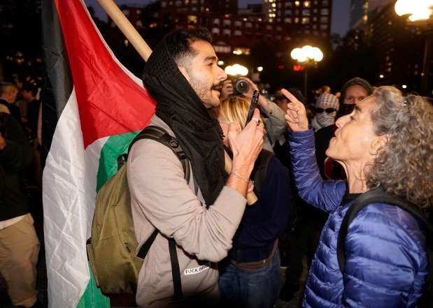 Pro-Palestinian protesters and pro-Israel protesters face off in Manhattan's Union Square on Oct. 7, 2026, during a vigil to mark the third anniversary of Hamas' October 7th attack in Israel. (Barry Williams / New York Daily News)