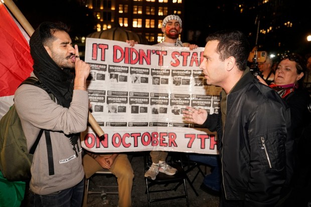 Pro-Palestinian protesters and pro-Israel protesters face off in Manhattan's Union Square on Oct. 7, 2026, during a vigil to mark the third anniversary of Hamas' October 7th attack in Israel. (Barry Williams / New York Daily News)