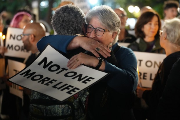 People attend a prayer vigil in which pro-Palestinian protesters and pro-Israel protesters faced-off in Manhattan's Union Square on Oct. 7, 2026, on the third anniversary of Hamas' October 7th attack in Israel. (Barry Williams / New York Daily News)