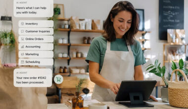 AI generated image of small businesswoman looking at her computer screen and on the image is the AI response on how it can help her with online orders, inventory, customer inquiries, etc.