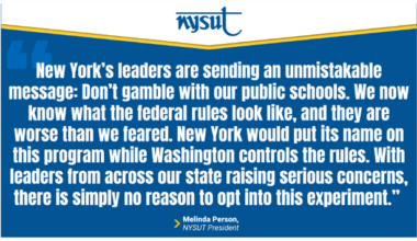 From The New York State United Teachers Union: New York’s Elected Leaders ‘Unite Against The Federal Private School Voucher Scheme’