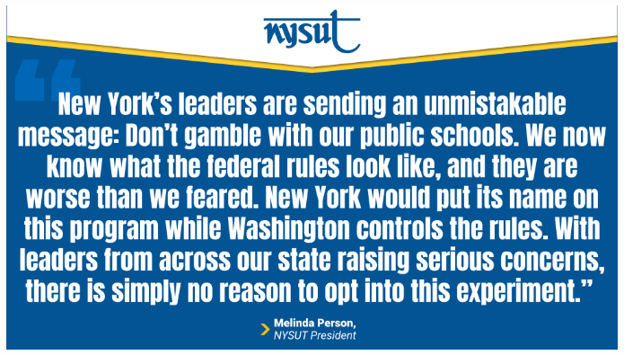 From The New York State United Teachers Union: New York’s Elected Leaders ‘Unite Against The Federal Private School Voucher Scheme’