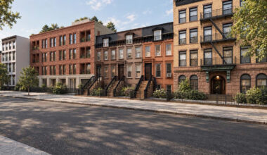 rendering of a new brick building next to older buildings