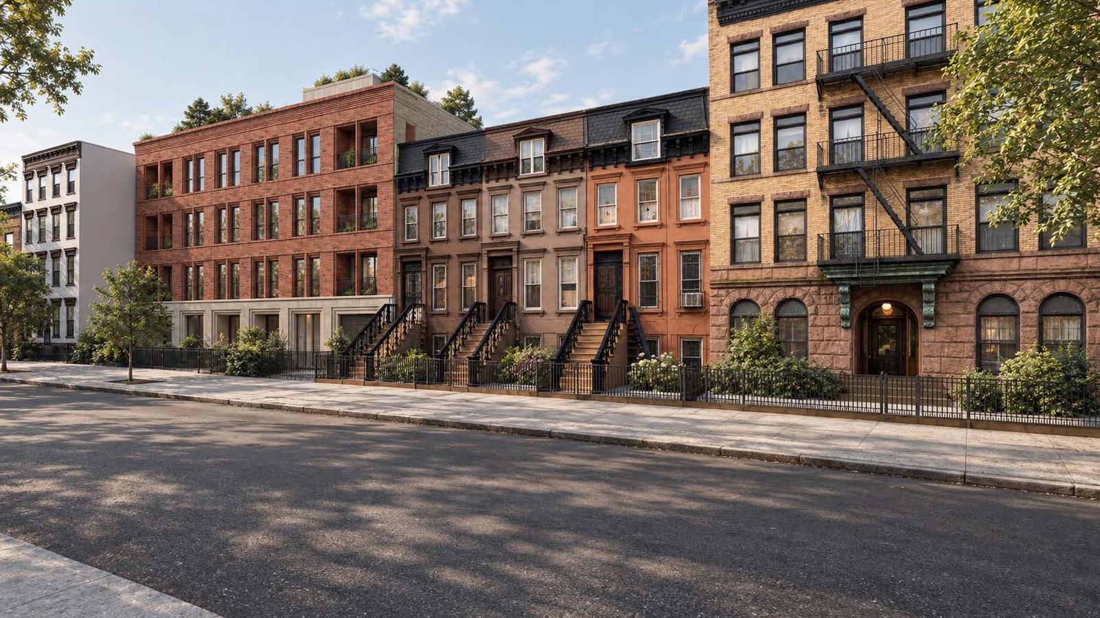rendering of a new brick building next to older buildings