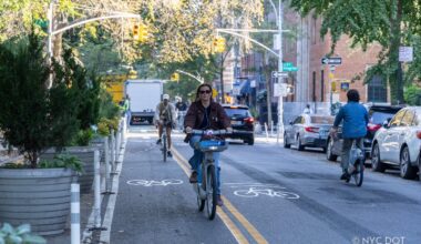 Cyclists and vehicles traveling along the redesigned Avenue B in the East Village, Manhattan. Credit: NYC DOT