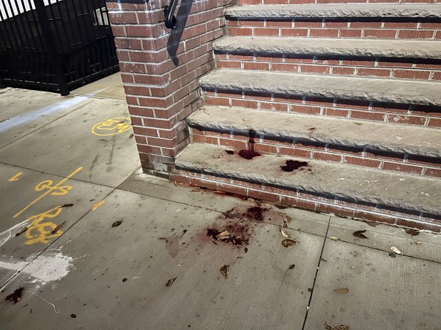 Blood is pictured after an off-duty NYPD detective was stabbed and wounded during an attempted robbery at E. 208th St. and Stueben Ave. in the Bronx on Friday, Oct. 2, 2026. (Kerry Burke / New York Daily News)
