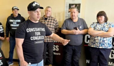 Sticker Mule CEO Anthony Constantino, a Republican, speaks to supporters at his campaign