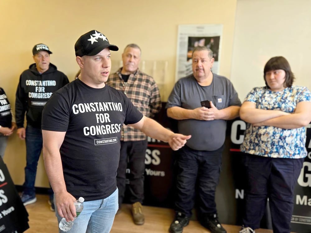 Sticker Mule CEO Anthony Constantino, a Republican, speaks to supporters at his campaign