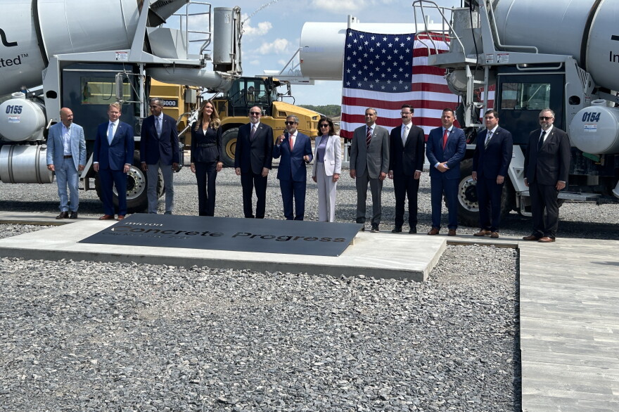 Officials gather on July 9, 2026, for a concrete-pouring ceremony at the Micron site in Clay, Onondaga County.