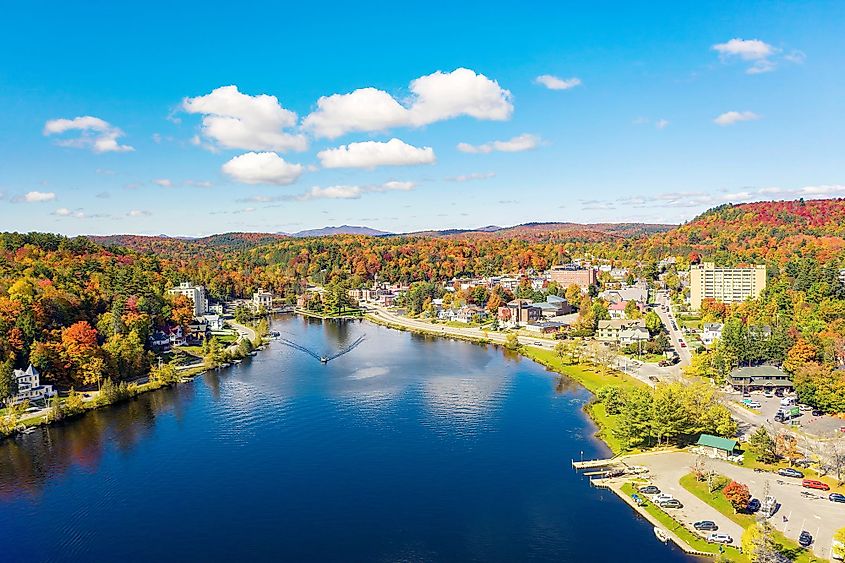 Aerial view of Saranac Lake, New York, in fall