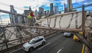 ‘Vote nature’: Climate activist scales Brooklyn Bridge dropping banner for environmental vote
