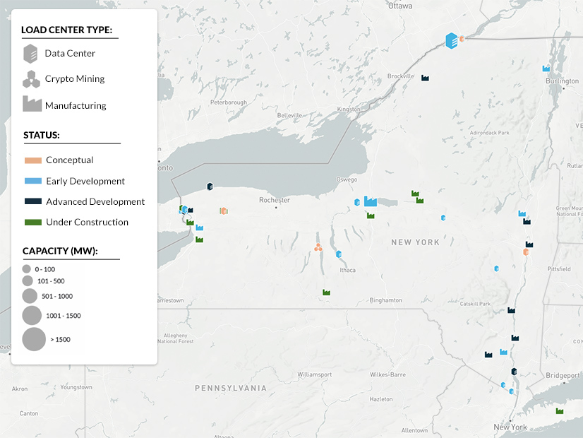 A map of upcoming large loads including data centers and manufacturing in New York state