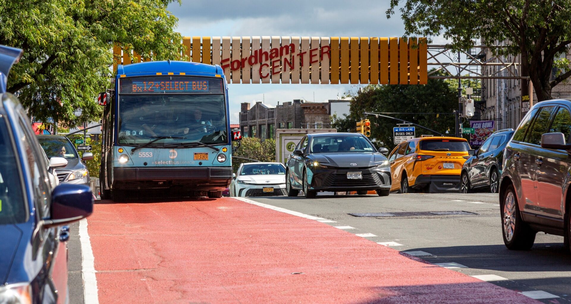 A Bx12 travels along Fordham Road in the Bronx.