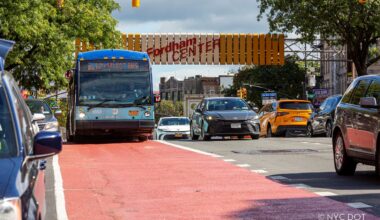 A Bx12 travels along Fordham Road in the Bronx.