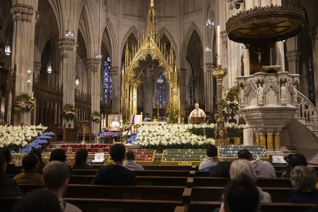 St. Patrick's Cathedral in Manhattan, the seat of the Archdiocese of New York, holds mass on April 21, 2025, in New York.