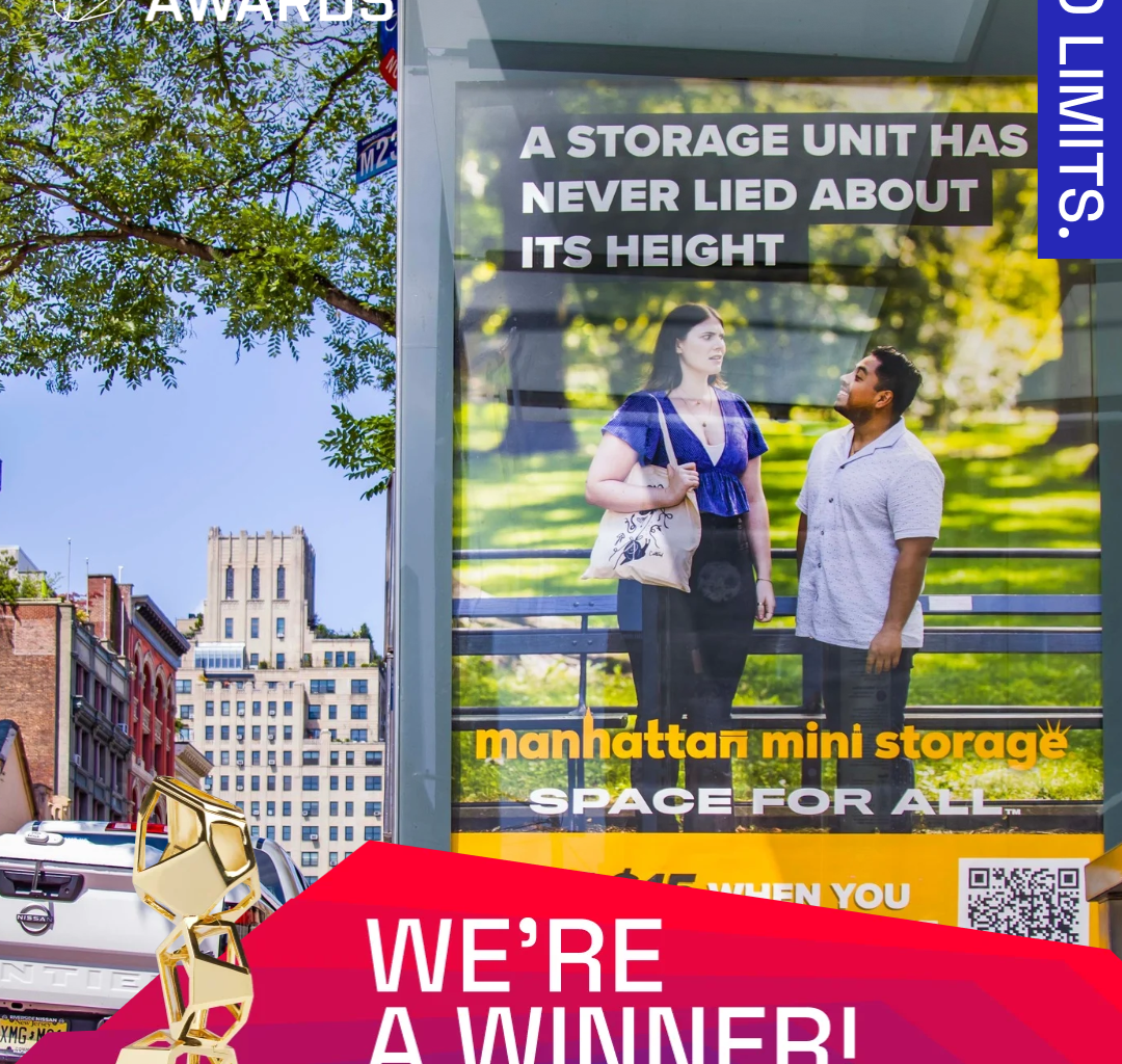 Promotional graphic announcing Manhattan Mini Storage as a winner of the 22nd Annual Davey Awards. A gold Davey trophy sits in the bottom left corner.