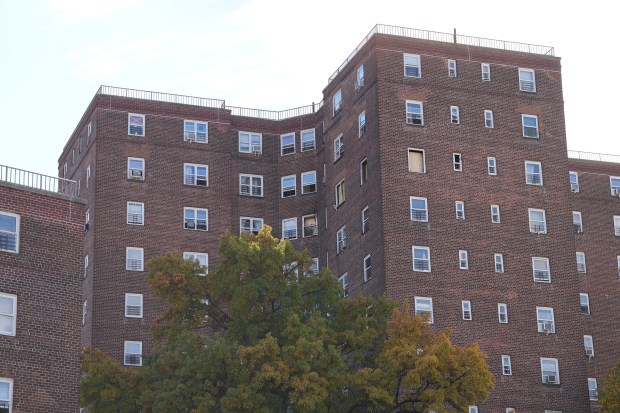 Damage to a building is pictured after a deadly lithium-ion battery fire caused by an e-bike in an 11th-floor apartment in the Patterson Houses on Morris Ave. near E. 140th St. in the Bronx early Wednesday, Oct. 28, 2026.