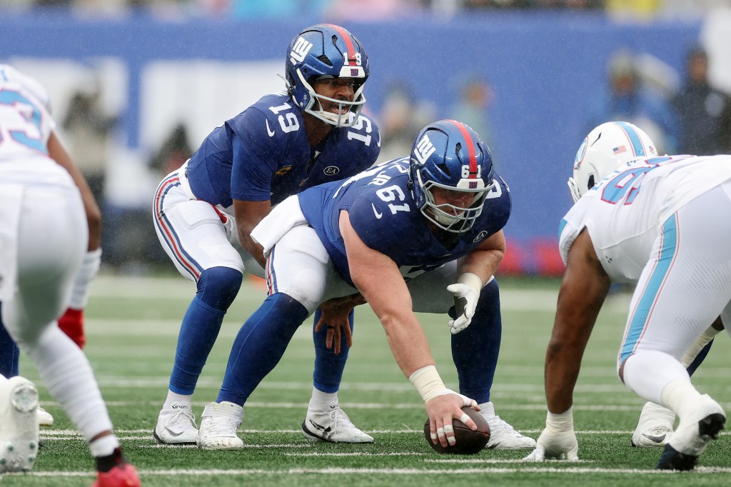 New York Giants quarterback Jameis Winston (19) prepares to take the snap from center John Michael Schmitz Jr. (61) against the Tennessee Titans.