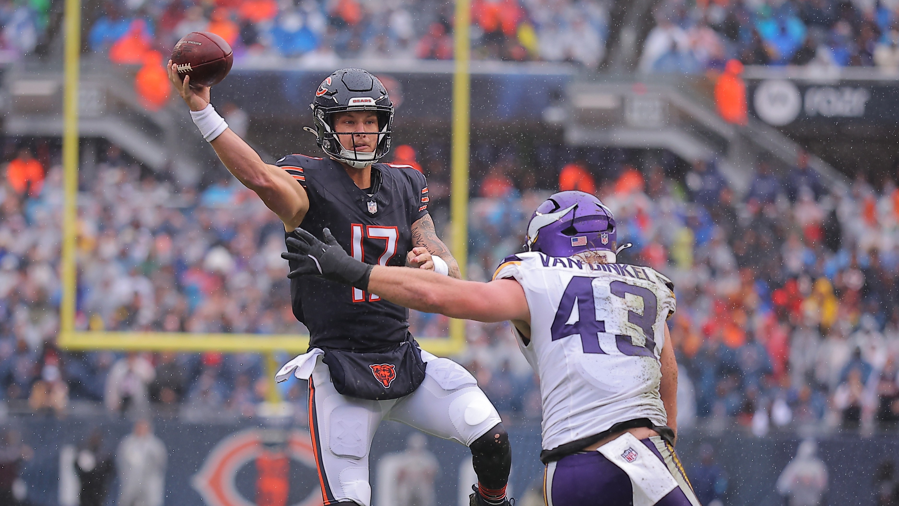 Chicago Bears quarterback Tyson Bagent (17) throws over Minnesota Vikings outside linebacker Andrew Van Ginkel (43) during an NFL football game in Chicago, Sunday, Sept. 20, 2026.