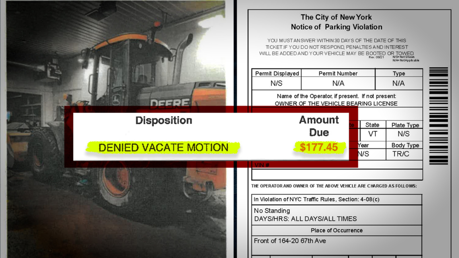NYC parking ticket problems: Vermont official gets fine for John Deere excavator in Queens