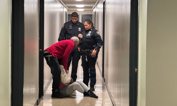 The mother of victim Nathaly Ramirez collapses outside her apartment on Olinville Ave. in the Bronx after learning of her daughter's death.