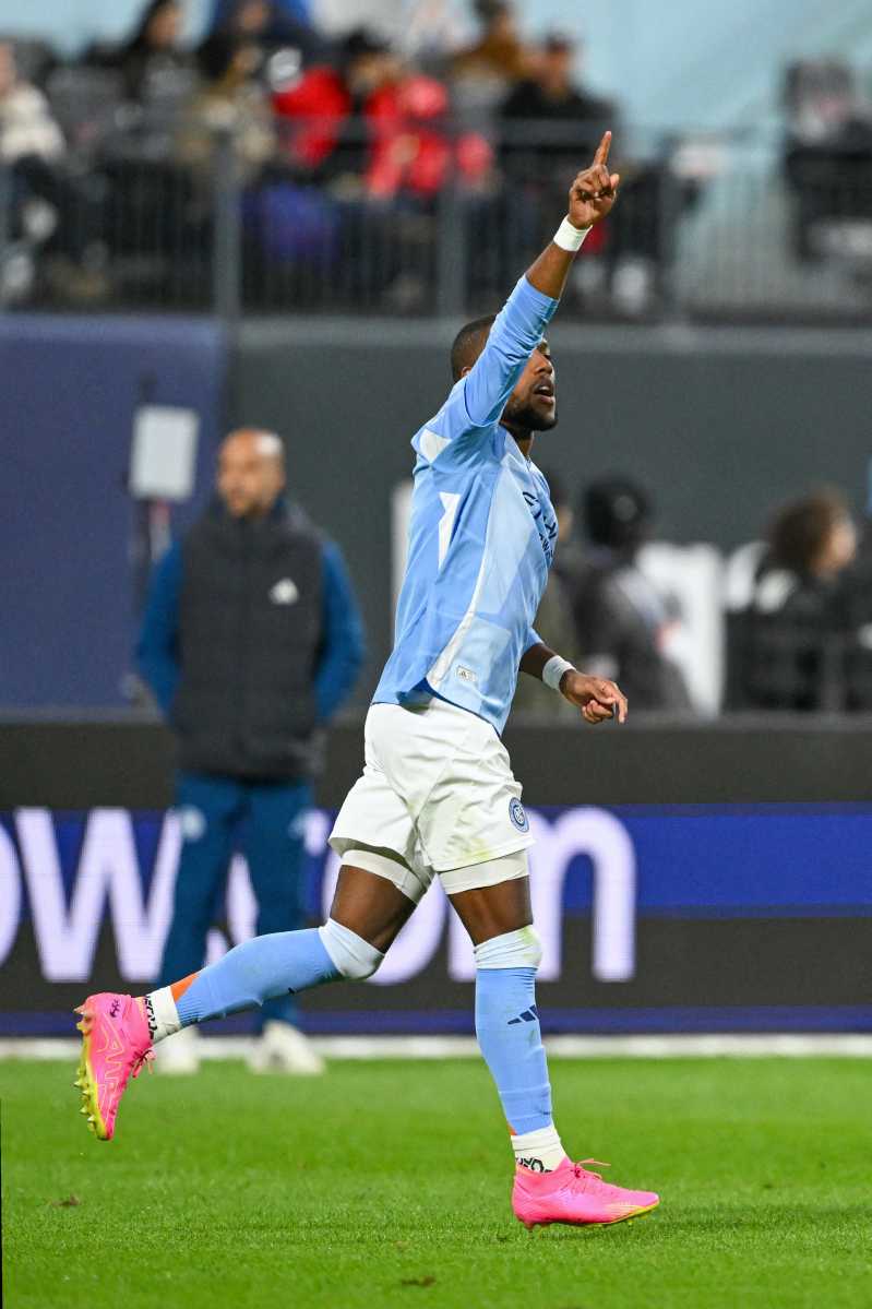New York City FC midfielder Andres Perea (8) celebrates his goal during the second half against the Los Angeles FC at Citi Field on Oct. 17, 2026.