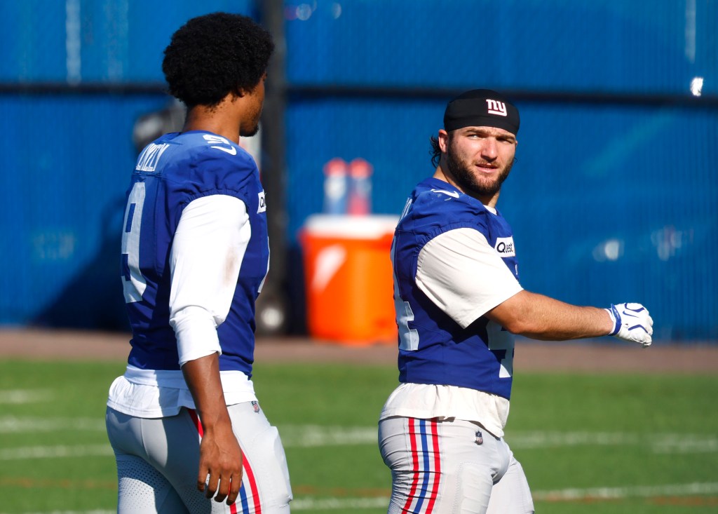 New York Giants running back Cam Skattebo during football practice.
