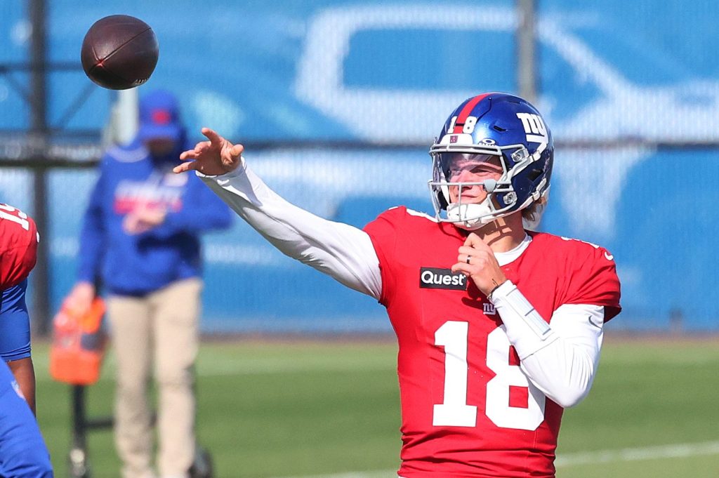 New York Giants quarterback J.J. McCarthy (18) practices at the Quest Diagnostics Training Center in East Rutherford, N.J., Wednesday, Oct. 21, 2026.