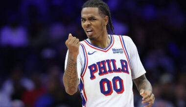 Philadelphia 76ers guard Labaron Philon Jr. (00) reacts during the fourth quarter against the New York Knicks at Xfinity Mobile Arena.