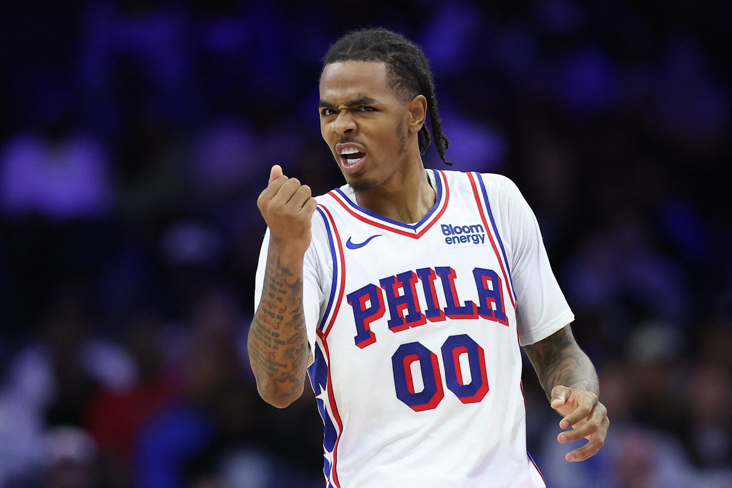 Philadelphia 76ers guard Labaron Philon Jr. (00) reacts during the fourth quarter against the New York Knicks at Xfinity Mobile Arena.