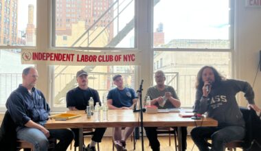Transport Workers Union Local 100 member Tom Cowperthwaite, left, of Transit Workers for a Fighting Union rank-and-file group, said that tradesworkers in the MTA are often overlooked and make far less than those outside the agency.