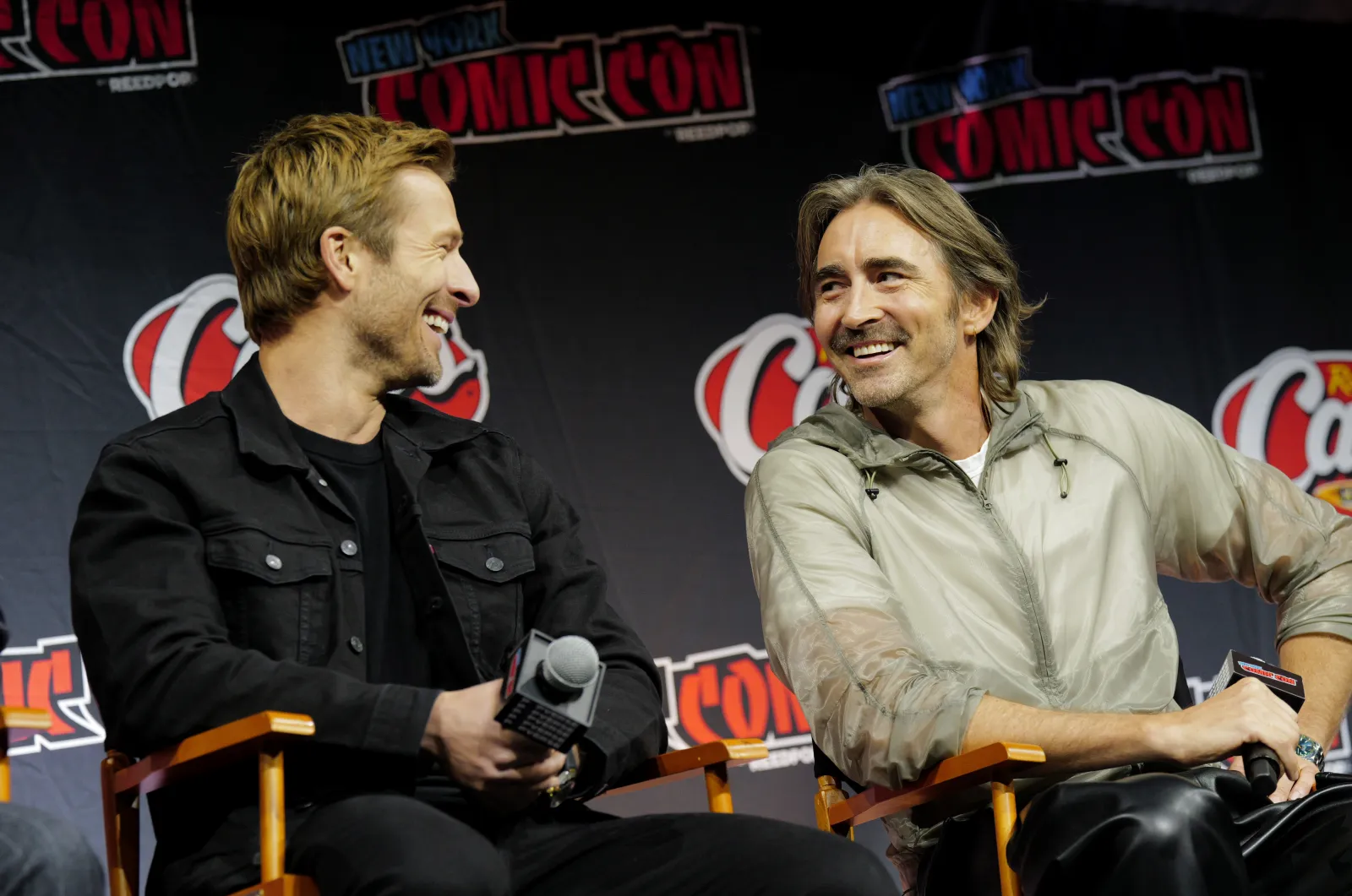 NEW YORK, NEW YORK - OCTOBER 10: (L-R) Glen Powell and Lee Pace speak onstage as Paramount Pictures presents The Running Man panel during New York Comic Con 2025 at The Jacob K. Javits Convention Center on October 10, 2025 in New York City. (Photo by Craig Barritt/Getty Images for ReedPop)
