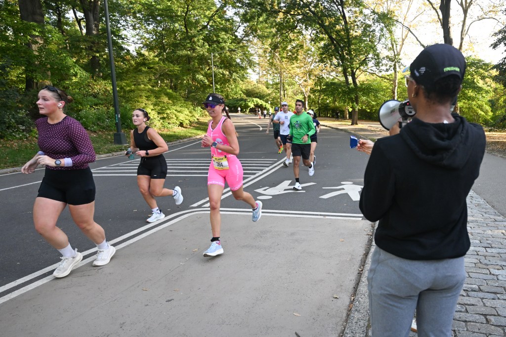 Runners near the Central Park finish line during the Big Apple Triathlon in New York.